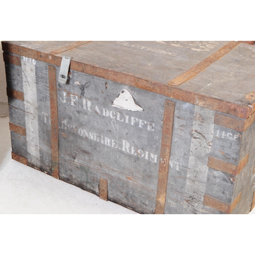 563a - Three mid 20th century wooden military transport luggage crates. With metal bounds to each crate, pa... 