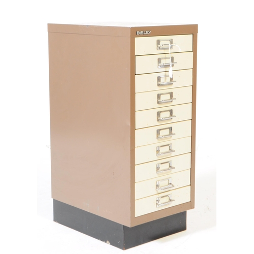 568 - Bisley - A retro 20th Century cream and brown metal ten drawer filing cabinet, each drawer with chro... 