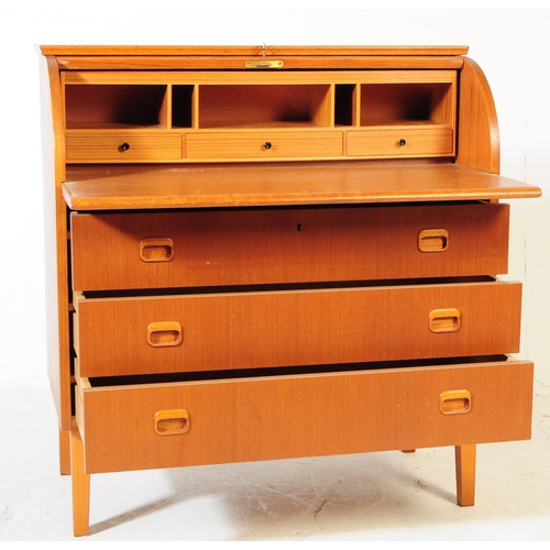 593 - A retro mid 20th century Scandinavian teak veneered roll top bureau desk in the manner of Egon Oster... 