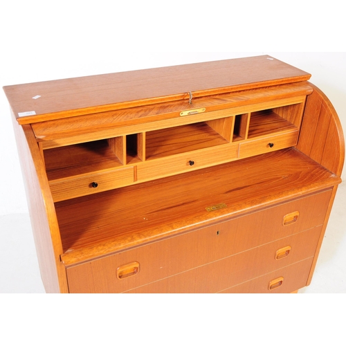 593 - A retro mid 20th century Scandinavian teak veneered roll top bureau desk in the manner of Egon Oster... 