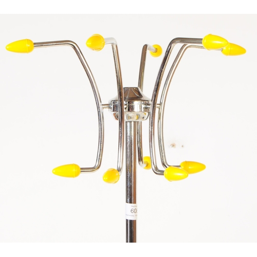 608 - Hago - retro mid 20th century sputnik atomic floor standing coat rack. With yellow cone finials, chr... 