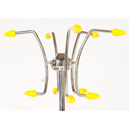 608 - Hago - retro mid 20th century sputnik atomic floor standing coat rack. With yellow cone finials, chr... 