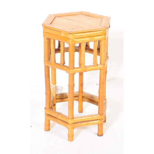 620 - A collection of three vintage 20th century bamboo side tables / display stands, and one twin hanging... 