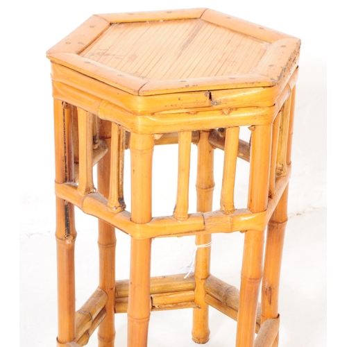 620 - A collection of three vintage 20th century bamboo side tables / display stands, and one twin hanging... 