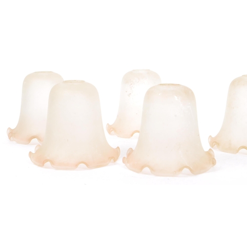 622 - A collection of five 20th Century vintage frosted glass tulip shaped lamp shades with light pink hue... 