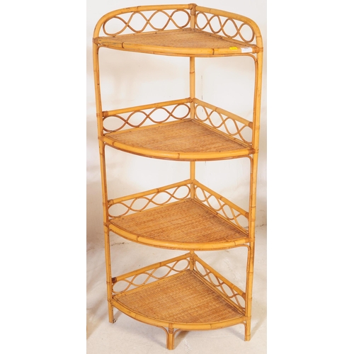 694 - A collection of four mid 20th century bamboo and wicker etagere shelving whatnots. Each etagere feat... 