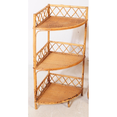 694 - A collection of four mid 20th century bamboo and wicker etagere shelving whatnots. Each etagere feat... 