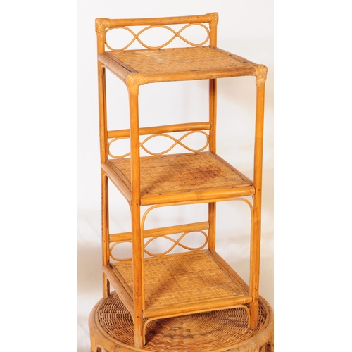 694 - A collection of four mid 20th century bamboo and wicker etagere shelving whatnots. Each etagere feat... 