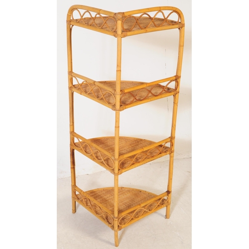 694 - A collection of four mid 20th century bamboo and wicker etagere shelving whatnots. Each etagere feat... 