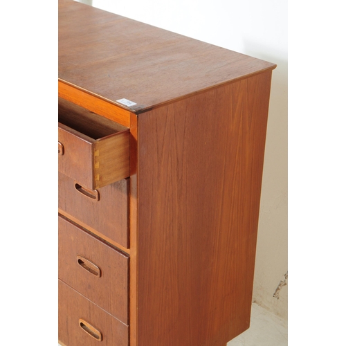 754 - British Modern Design - Mid century teak wood chest of drawers. Rectangular form with a bank of four... 