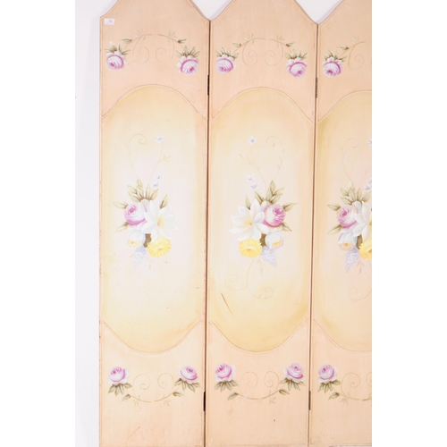 782 - A vintage 20th century French manner hand painted floral four fold room divider / discretion screen.... 