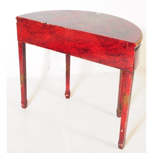 784 - A 20th century chinoiserie style lacquered demi lune console table. The table having hand painted wa... 