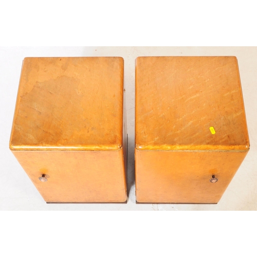 803 - Pair of Art Deco birdseye maple bedside tables / cabinets. Of square form with single full length do... 