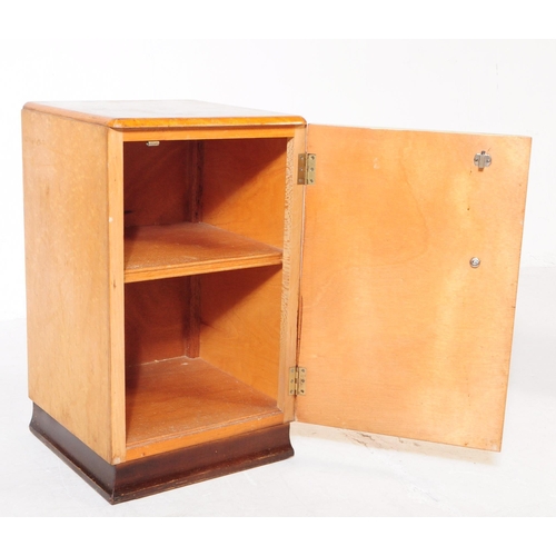 803 - Pair of Art Deco birdseye maple bedside tables / cabinets. Of square form with single full length do... 