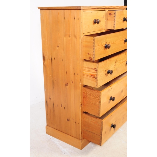 805 - Contemporary country pine pedestal chest of drawers. Rectangular form with flared top configuration ... 