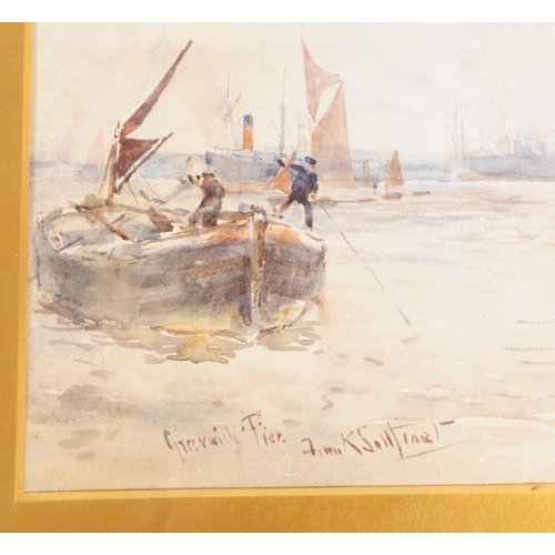 807 - An early 20th century watercolour painting. Titled Greenwich Pier. Depicting water scene, harbour si... 