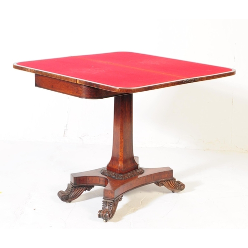 810 - George III mahogany games / tea table. Of rectangular curved form with fold over top revealing red m... 