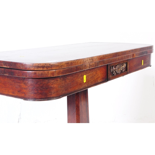 810 - George III mahogany games / tea table. Of rectangular curved form with fold over top revealing red m... 