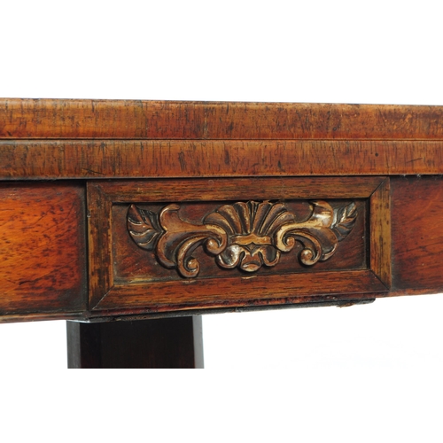 810 - George III mahogany games / tea table. Of rectangular curved form with fold over top revealing red m... 