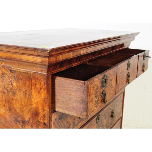 834 - Queen Anne 17th century oak and burr walnut veneer top of chest on chest, chest of drawers. With a p... 