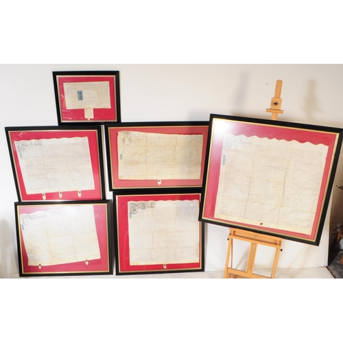 846 - A collection of six 17th century deeds indentures / documents. Some framed and glazed. One missing g... 