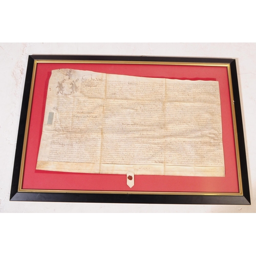 846 - A collection of six 17th century deeds indentures / documents. Some framed and glazed. One missing g... 