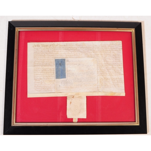 846 - A collection of six 17th century deeds indentures / documents. Some framed and glazed. One missing g... 