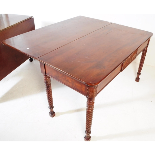 854 - A 19th century Georgian burr mahogany drop leaf table. Rectangular form with carved sunburst panels ... 