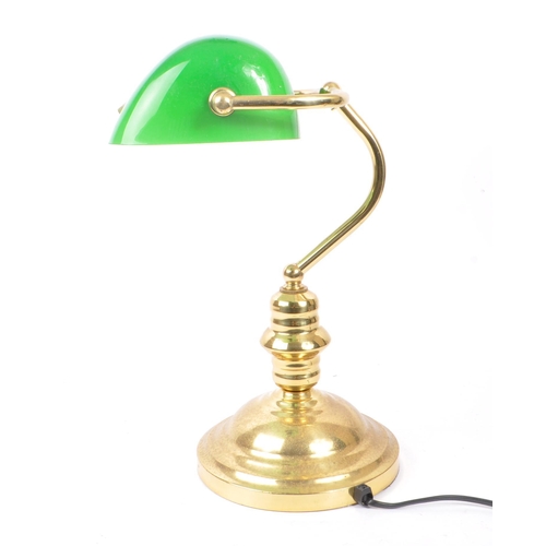 870 - A vintage mid 20th century bankers table top desk lamp light. With a hand blown green glass light sh... 