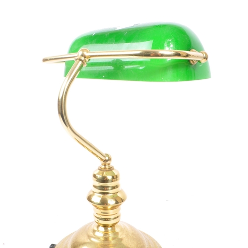 870 - A vintage mid 20th century bankers table top desk lamp light. With a hand blown green glass light sh... 