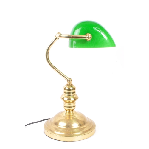 870 - A vintage mid 20th century bankers table top desk lamp light. With a hand blown green glass light sh... 