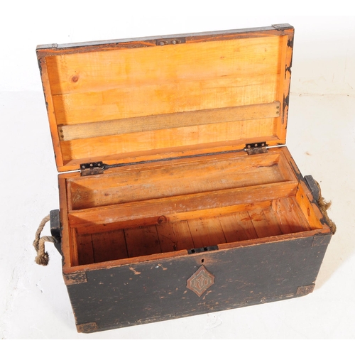 879 - An early 20th century circa 1940s ebonised oak wood carpenters chest. The chest of rectangular form ... 