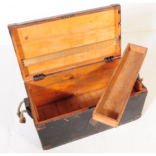 879 - An early 20th century circa 1940s ebonised oak wood carpenters chest. The chest of rectangular form ... 