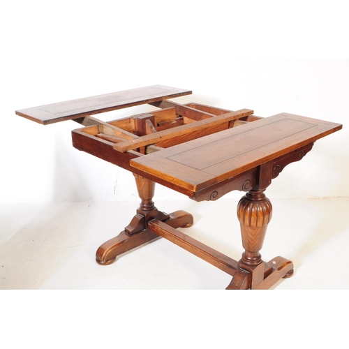 883 - A 20th century Jacobean revival oak cup and cover draw leaf dining table and six chairs. The table o... 