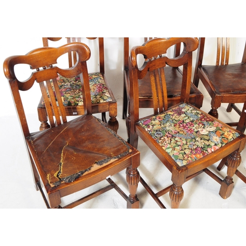 883 - A 20th century Jacobean revival oak cup and cover draw leaf dining table and six chairs. The table o... 