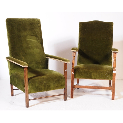 894 - Two early 20th century oak wood armchairs. The armchairs each of similar form, raised on squared sup... 