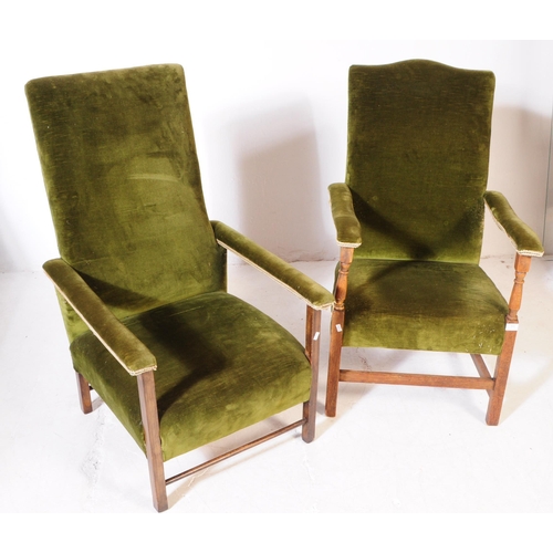 894 - Two early 20th century oak wood armchairs. The armchairs each of similar form, raised on squared sup... 