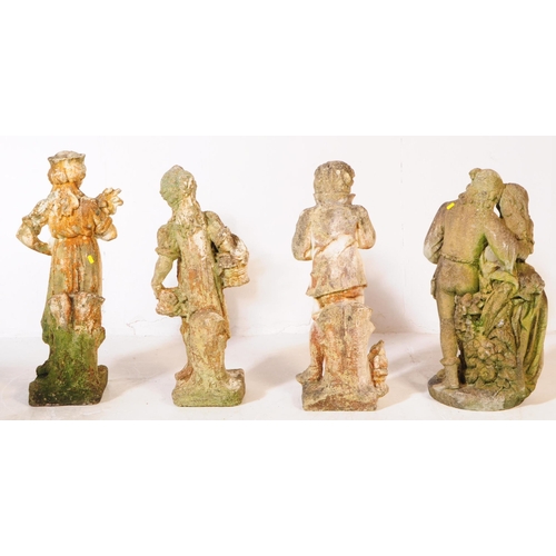 912 - A collection of four composite stone decorative garden statues. The statues each figurative, with th... 