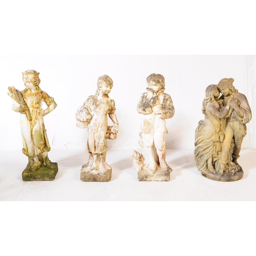 912 - A collection of four composite stone decorative garden statues. The statues each figurative, with th... 