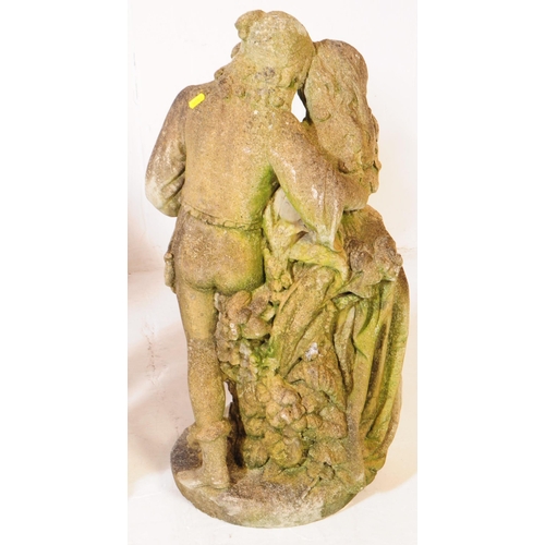 912 - A collection of four composite stone decorative garden statues. The statues each figurative, with th... 