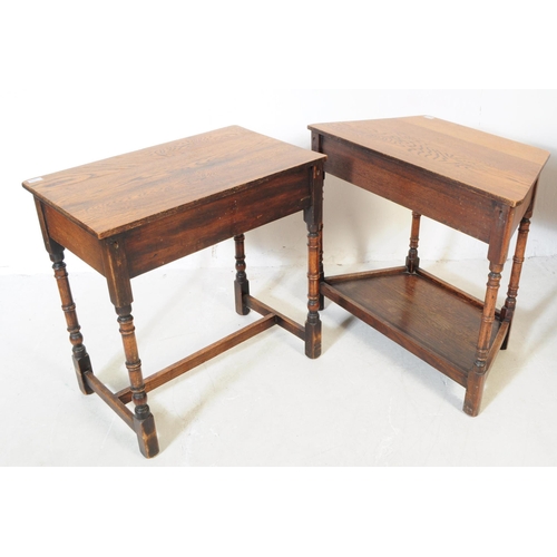 917 - Two 20th century Jacobean revival oak wood console hall tables. One table of rectangular form with t... 