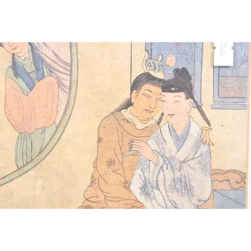 944 - A framed and glazed early 20th Century Japanese ink on paper erotic image of couple with onlooker wa... 