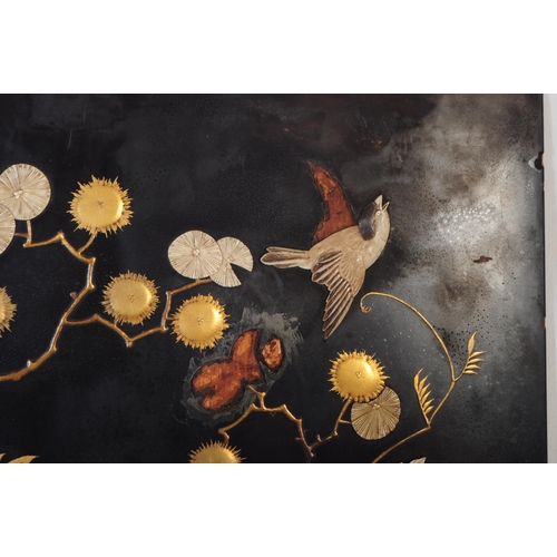 956 - An early 20th Century 1920s decorative Japanese Shibayama black lacquered wood picture panel depicti... 