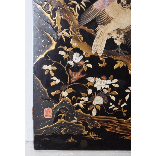 956 - An early 20th Century 1920s decorative Japanese Shibayama black lacquered wood picture panel depicti... 