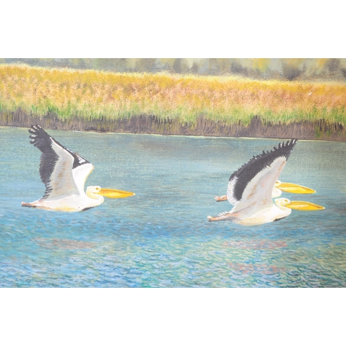 961 - A vintage 20th century oil & water colour on board painting. Depicting pelican birds in flight acros... 