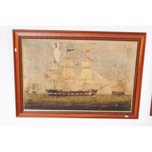 963 - Two vintage 20th century oleographs prints. Depicting sailing ships at sea with full masts and seasi... 