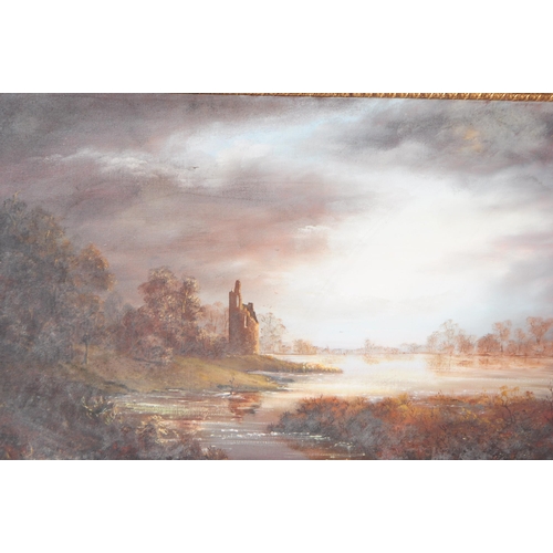 966 - J K Whitton - Vintage 20th century oil on canvas painting. Depicting a lake side scene with castle t... 