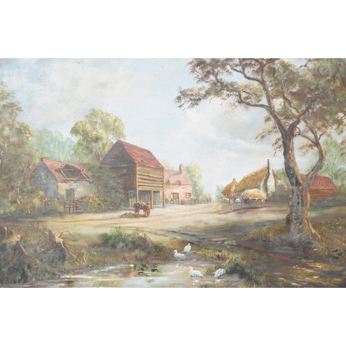 968 - J K Whitton - Vintage 20th century oil on canvas painting. Depicting a farmhouse scene with pond to ... 