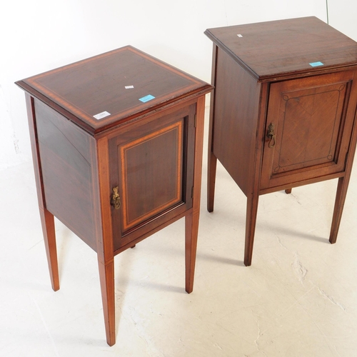 989 - Two Edwardian mahogany inlaid cross banded pot cupboard / cabinet. Of square form with flared top, s... 