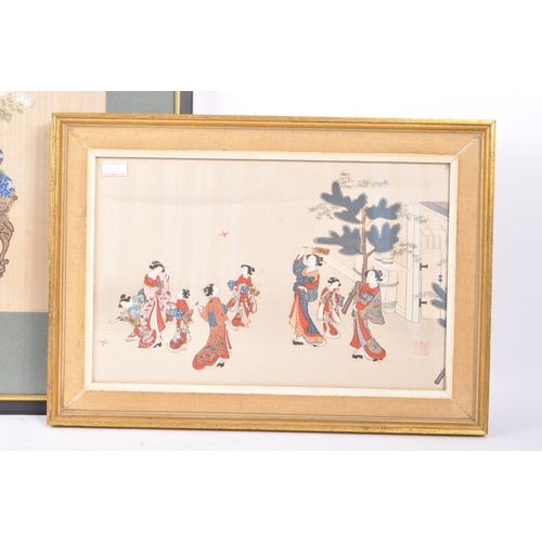 999 - Two 19th Century oriental paintings on silk material, one large Chinese piece depicting chinoiserie ... 